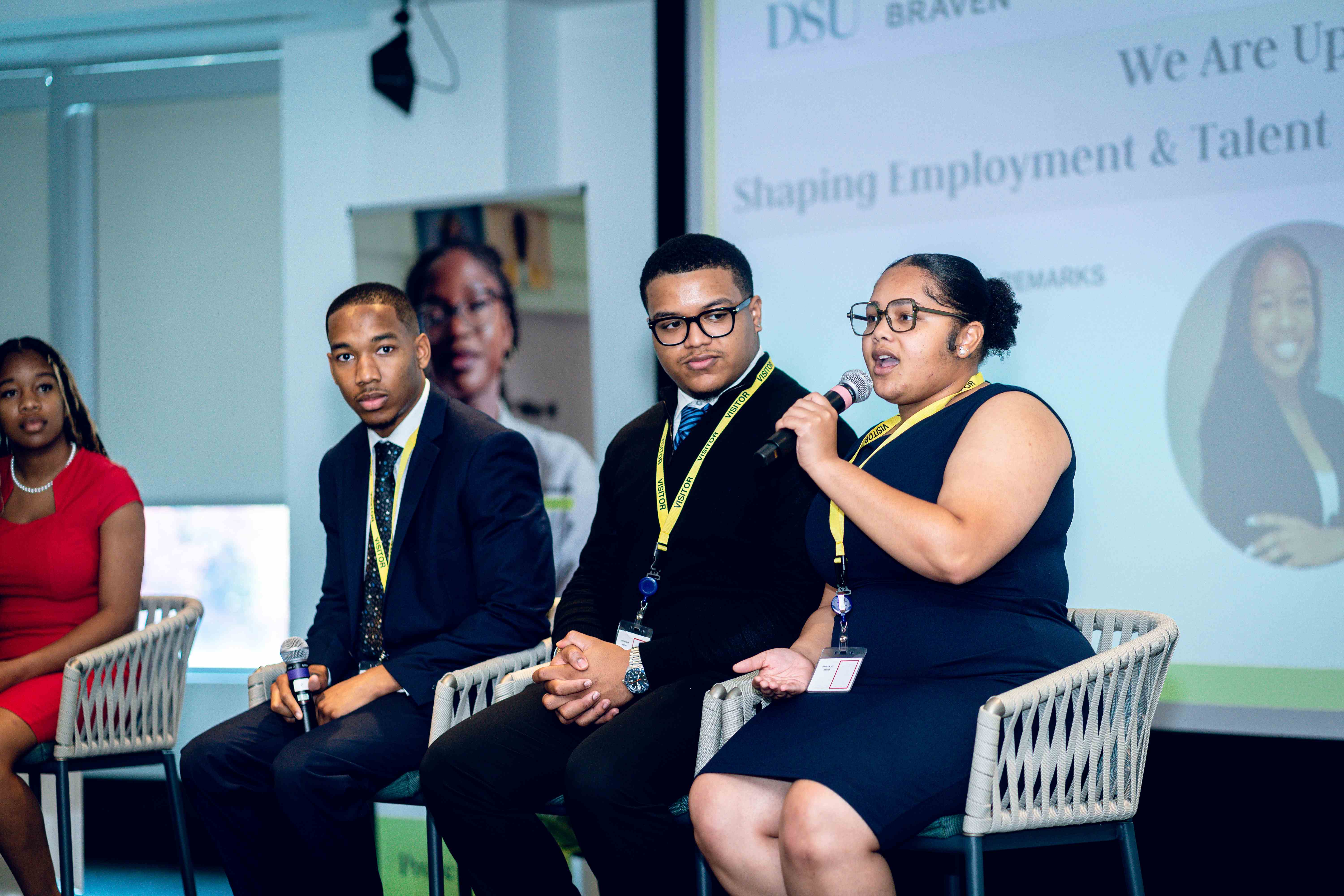 Delaware State University students and administrators participate in a panel launching the Braven program.