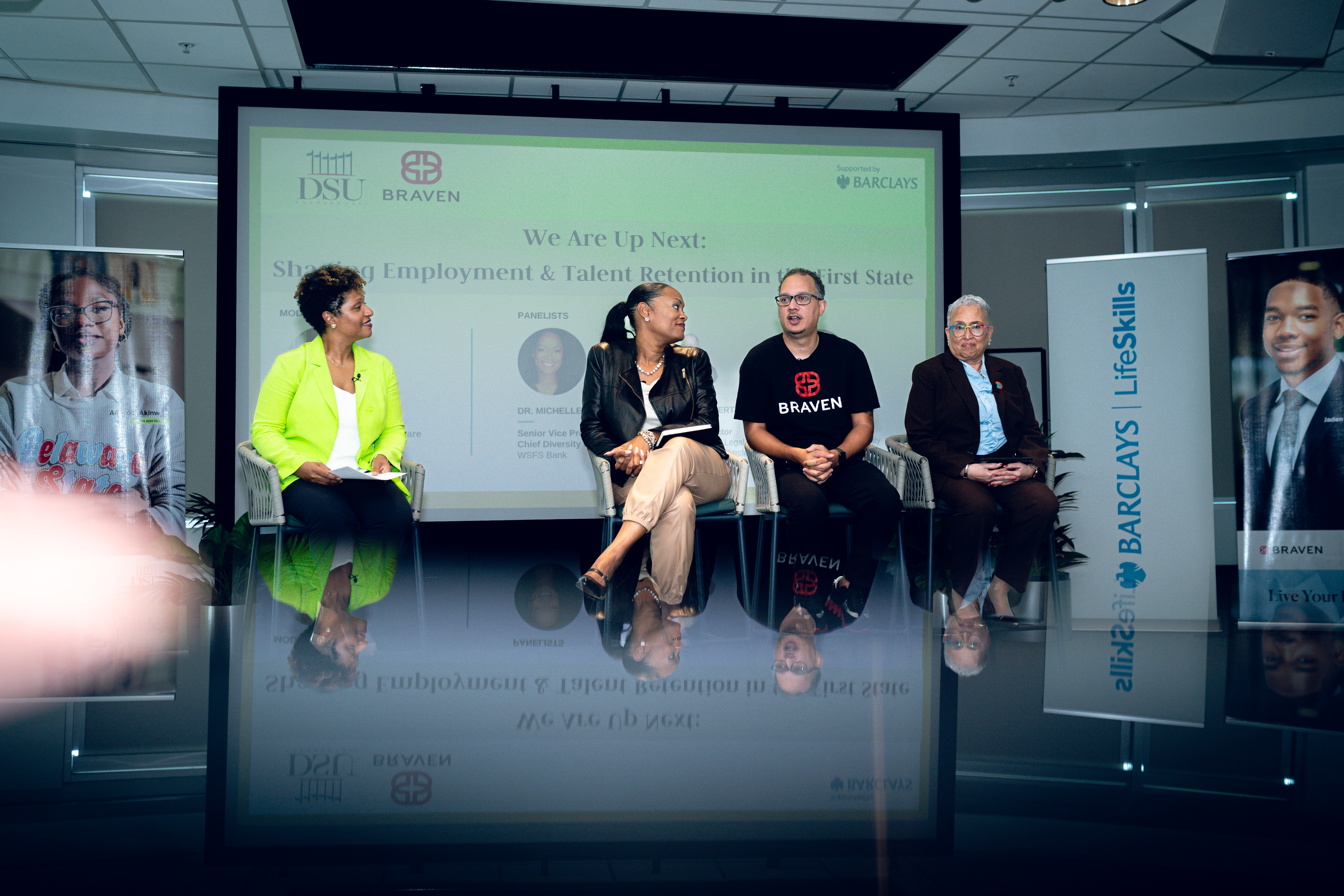 Delaware State University students and administrators participate in a panel launching the Braven program.