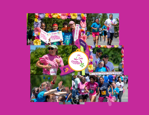 a collage image of young girls running a race and cheering and smiling