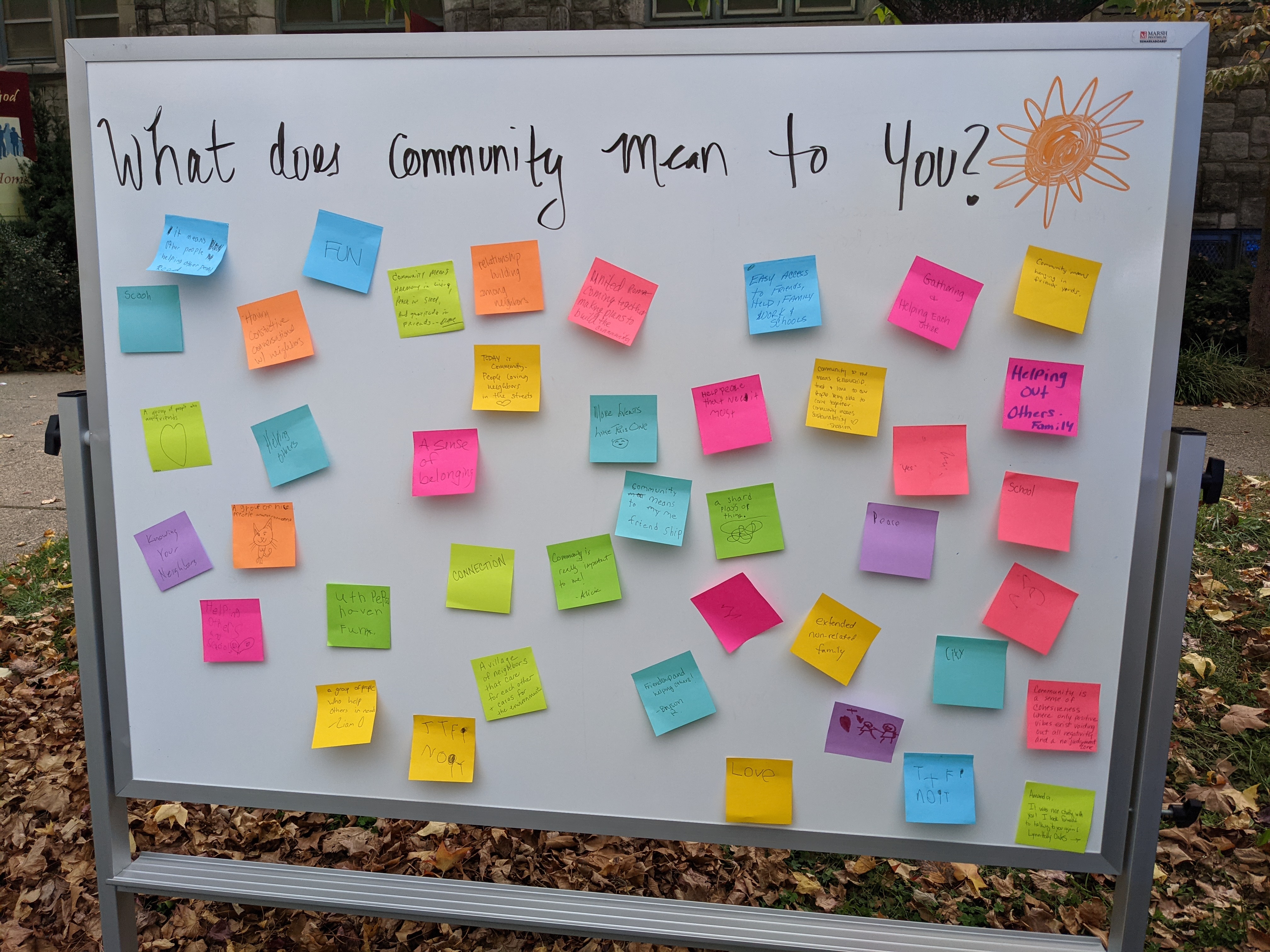 a photo of a whiteboard with sticky notes on it with the question of what does community mean to you?