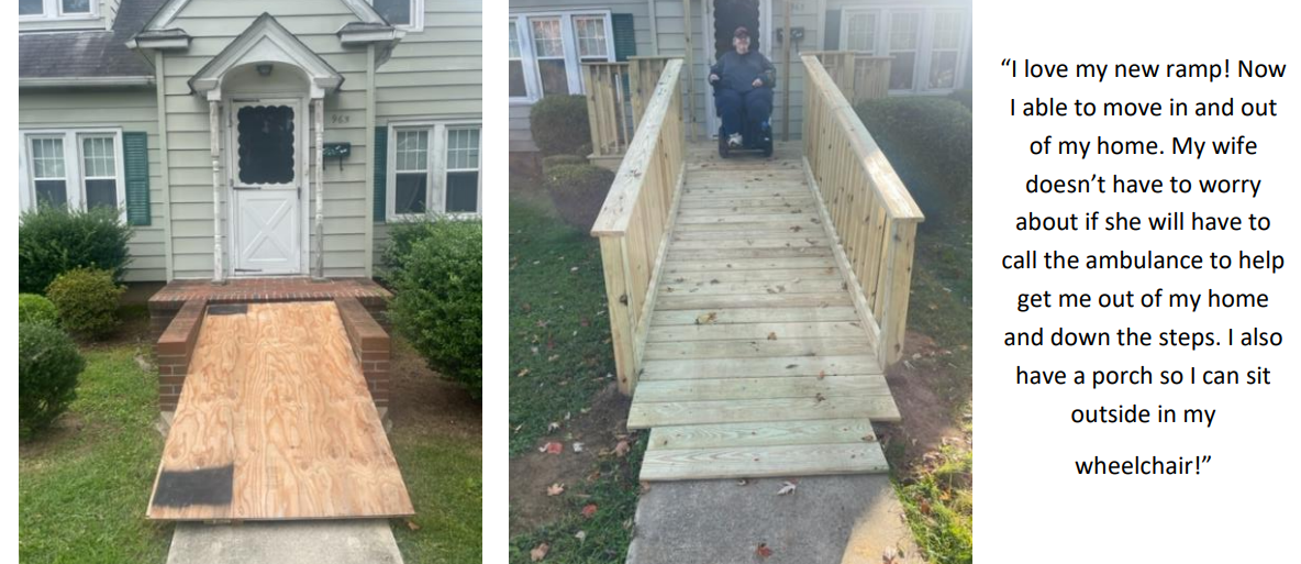 A home is presented with before and after photos of a newly built handicap and wheelchair accessible ramp.