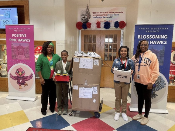 volunteers distributing items