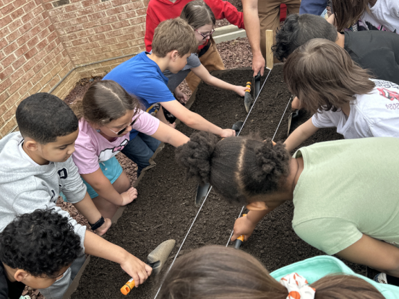 students playing in garden activities